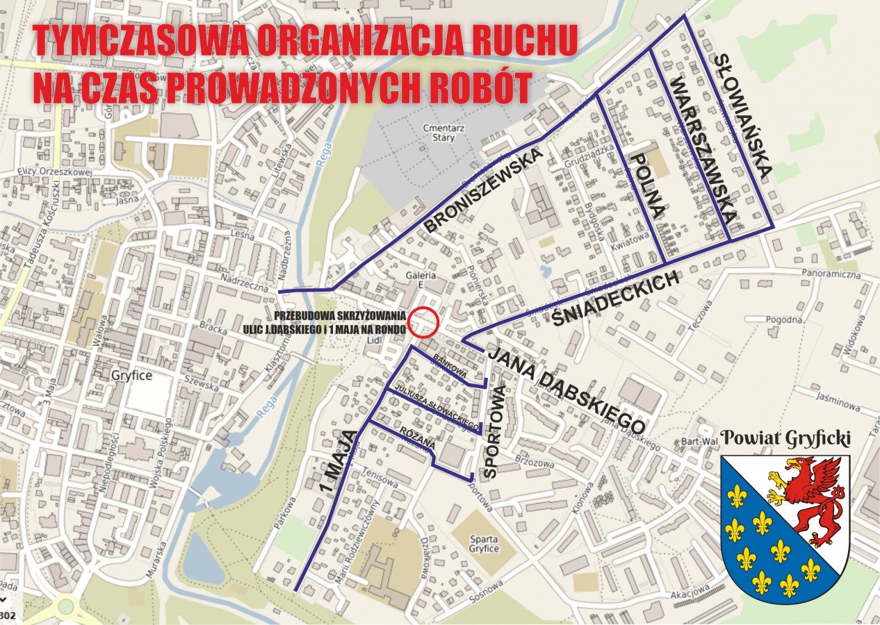 Planowany objazd w związku z przebudową skrzyżowania ulic j. Dąbskiego - 1 Maja w Gryficach